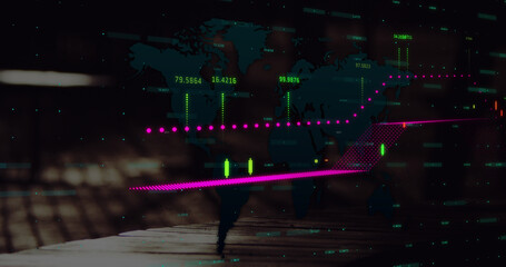 Image of financial data processing over world map against low section of people walking