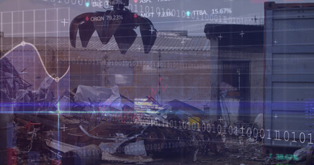 Blue light trails and data processing against crane working at junkyard