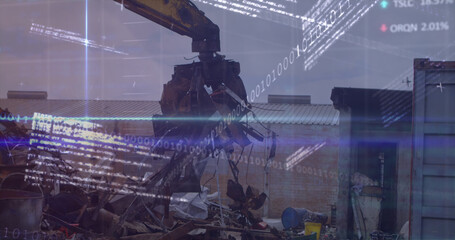 Blue light trails and data processing against crane working at junkyard
