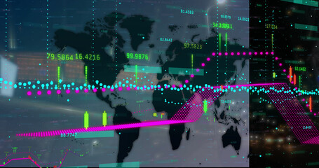 Financial data processing over world map against night city traffic