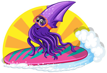 Squid on surfboard with ocean wave