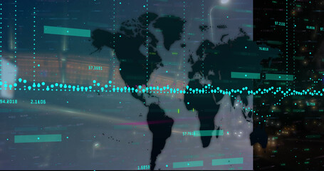 Fototapeta premium Financial data processing over world map against night city traffic