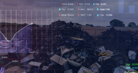 Image of stock market data processing over aerial view of scrap at junkyard