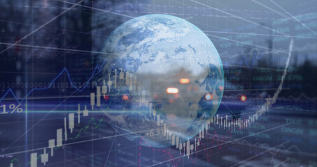 Fototapeta premium Financial and stock market data processing over globe against city traffic