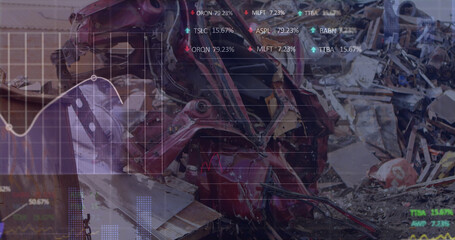 Image of stock market data processing over aerial view of scrap at junkyard