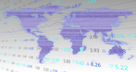 Image of interference over world map and stock market