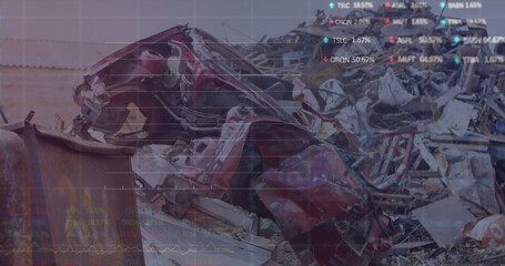 Image of stock market data processing over aerial view of scrap at junkyard