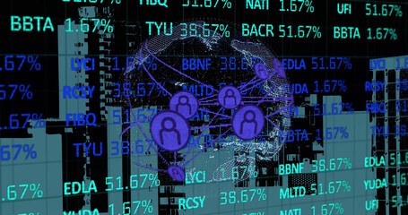 Image of globe of connections over stock market on black background