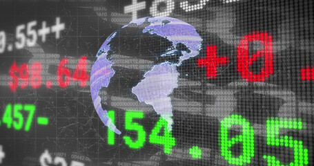 Image of stock market over globe and data processing on black background