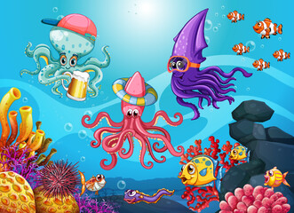 Fototapeta na wymiar Squid and octopus in the ocean