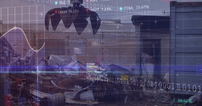 Blue light trails and data processing against crane working at junkyard - Powered by Adobe