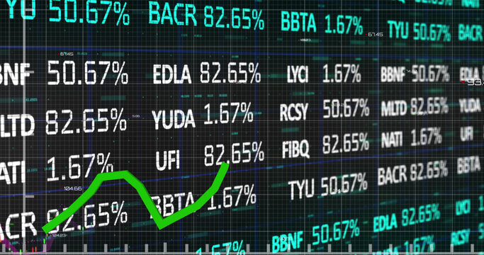 Image of stock market over financial data processing on black background