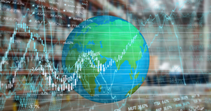 Financial and stock market data processing over spinning globe against warehouse