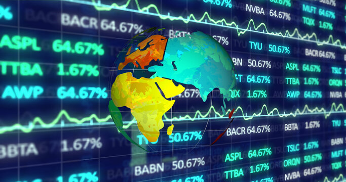 Digital image of spinning globe against stock market data processing on blue background