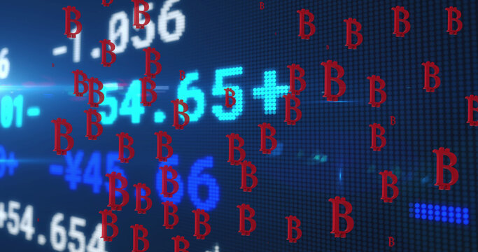 Image of bitcoin symbols over stock market on black background