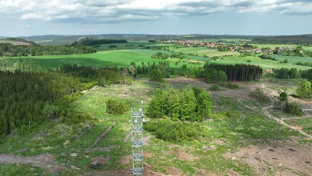 Monitoring technology station science meteorology tower atmospheric research drone aerial weather, measuring ozone O3, carbon methane CH4, carbon dioxide CO2, nitrogen oxygen, bark beetle