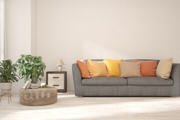 Fototapeta premium White living room with sofa. Scandinavian interior design. 3D illustration