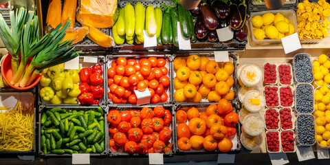 Vegetable marketplace with vegetables and berries from above