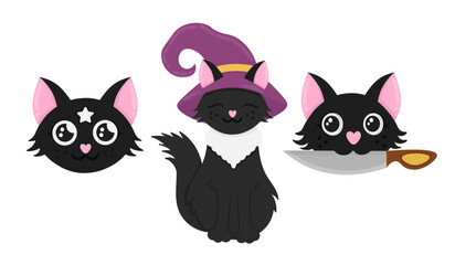 Doodle flat clipart. Set of magical cats. All objects are repainted.