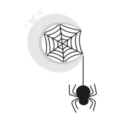 Doodle flat clipart. Little cute spider on a web on the moon. All objects are repainted.