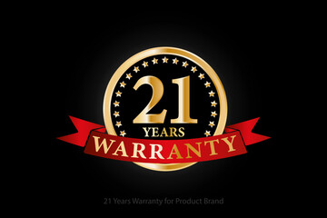 Fototapeta na wymiar 21 years golden warranty logo with ring and red ribbon isolated on black background, vector design for product warranty, guarantee, service, corporate, and your business.