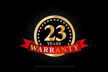 23 years golden warranty logo with ring and red ribbon isolated on black background, vector design for product warranty, guarantee, service, corporate, and your business.