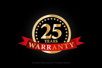 25 years golden warranty logo with ring and red ribbon isolated on black background, vector design for product warranty, guarantee, service, corporate, and your business.