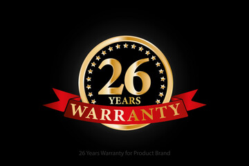 26 years golden warranty logo with ring and red ribbon isolated on black background, vector design for product warranty, guarantee, service, corporate, and your business.
