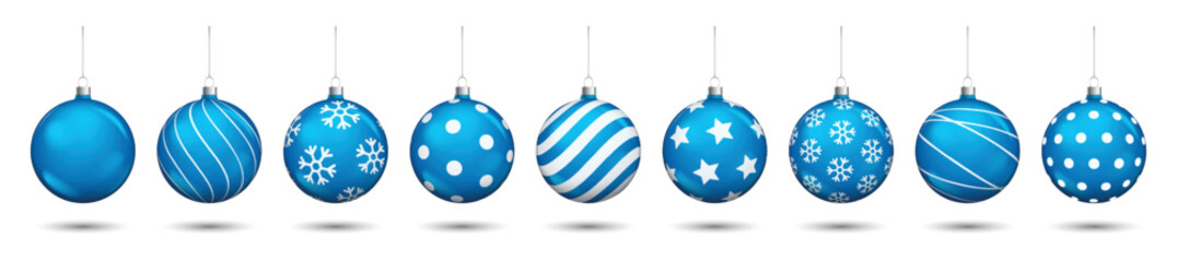 Blue christmas balls decoration isolated on white background.