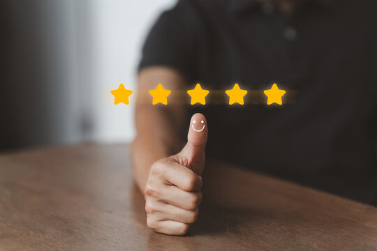 Business People Are Giving Thumbs Up To Show Their Satisfaction, Customer Satisfaction, In 5 Star Service, Warranty, Standard, Product And Service Quality, Iso Certification, Standardization Concept.