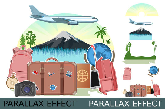 Tourism. Luggage suitcases. Plane. Traveling around the world. Design concept Isolated. Travel and adventure elements with bags. Image from layers for overlay with parallax effect. Vector.