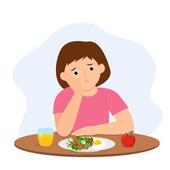 Child eating boring food. Little girl feel not hungry. Kid  feeling unhappy looking at bowl of vegetables refusing to eat. Vector illustration