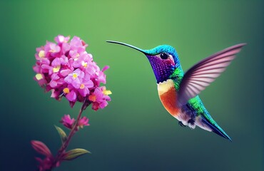 Obraz na płótnie Canvas A vibrant hummingbird drinking dew and nectar from inside an exotic flower. Bright and colorful, vivid macros image created with Generative AI
