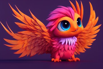 3D rendered computer generated image of a kawaii baby Phoenix bird. Young bird chick with bright and colorful shades of orange and more. Polychromatic modern animation style with studio background