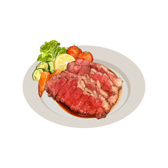 Beef steak with vegetables. Watercolor hand drawn vector illustration, isolated on white background.