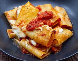 Italian Pasta Paccheri alla Sorrentina with tomato sauce and mozzarella. Close-up.