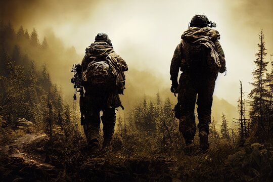 Generative AI Two Military special forces generated by artificial intelligence. Not a real army uniform for any country and not real people. Just two unknown soldiers walking in a field