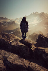 Man standig in a Mountain illustration. Person standing on a Mountain. Traveller