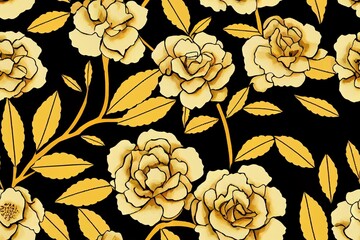 Bold hand drawn floral seamless pattern with black camellia flowers and branches with leaves on yellow background . 3 colors repeat.