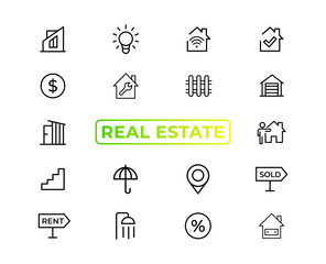 Real Estate minimal thin line web icon set. Included the icons as realty, property, mortgage, home loan and more. Outline icons collection. Simple vector illustration