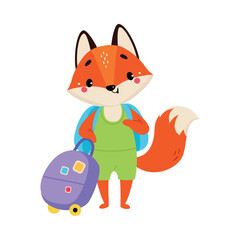 Cute Red Fox Traveler with Suitcase and Backpack Having Journey on Vacation Vector Illustration