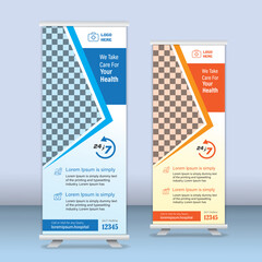 Roll-up banner template, healthcare roll-up banner, medical x-banner template, Business Roll Up Set. Standee Design. Banner Template: Abstract Blue Geometric Triangle Background
