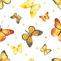 Watercolor seamless pattern with cute yellow butterflies for textures, prints, wallpapers