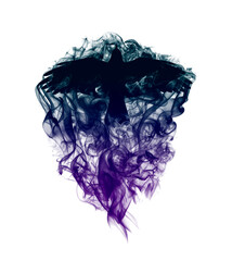 Silhouette of a flying raven with spread wings in puffs of smoke with a beautiful gradient isolated on a white background. Silhouette of a flying raven in clouds of smoke.