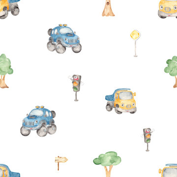 Watercolor seamless pattern with cartoon cars, truck, SUV for textures, prints, wallpapers
