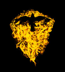 Fototapeta na wymiar Silhouette of a flying raven with spread wings in beautiful flames, isolated on a black background. Silhouette of a flying raven on fire. Big large size.