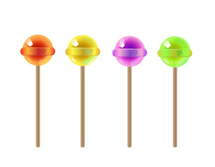 Lollipop, round hard sugar candy on stick. Mint, fruit and berries taste lollypops. Vector cartoon set of colored sweet caramel suckers on sticks isolated on white background