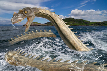 Dragon of the North Sea. Ancient Dragons In The Norse Mythology And Scandinavian Folklore. Great beast, one of the offsprings of giantess Angrboda and trickster god Loki, is the humongous sea serpent  - obrazy, fototapety, plakaty