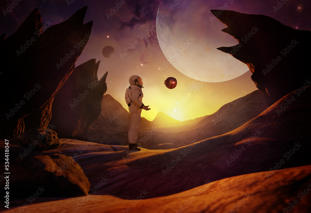 Canvas Prints astronaut talking to drone on alien planet