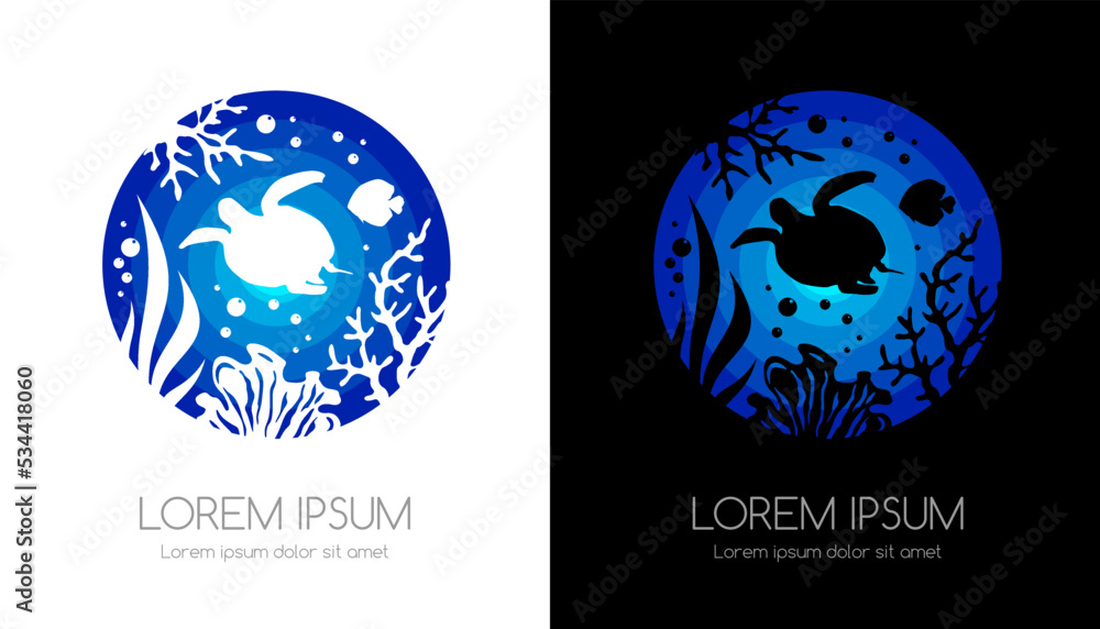 Wall mural sea emblem. underwater tropical life icon. sign for oceanarium, aquarium or travel company. - Wall murals